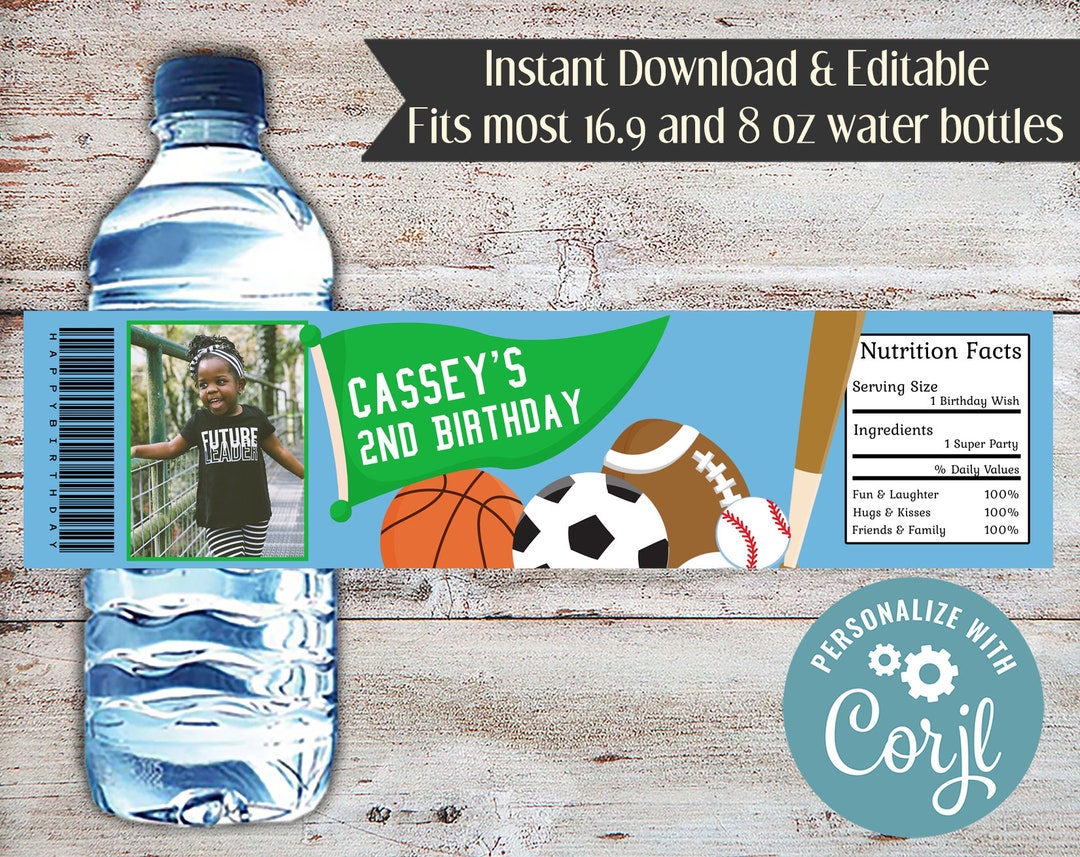 Editable Sports Water Bottle Label, Sports Water Bottle Wrapper, Sports Birthday Favor, Football