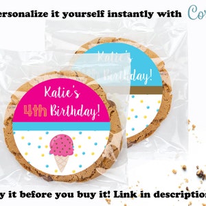 May include: A personalised cookie favour with a pink and blue ice cream cone design. The text on the cookie says "Katie's 4th Birthday!"