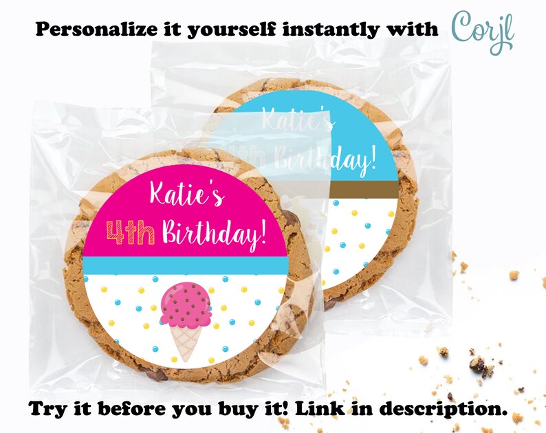 May include: A personalised cookie favour with a pink and blue ice cream cone design. The text on the cookie says "Katie's 4th Birthday!"