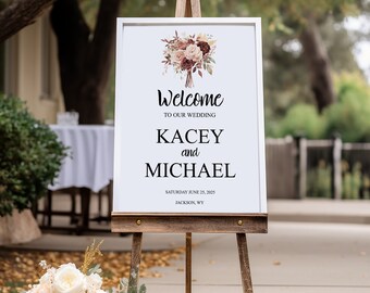 Bourgondische bloemen bruiloft welkomstbord: boho aquarel (digitale download)