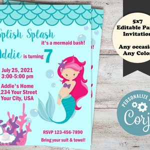 May include: A mermaid-themed birthday party invitation with a pink and blue color scheme. The invitation features a mermaid with pink hair and a turquoise tail, surrounded by bubbles. The text reads "Splish Splash it's a mermaid bash! Addie is turning 7" and includes the date, time, and location of the party. The invitation also includes the RSVP information and a reminder to bring a swimsuit and towel.