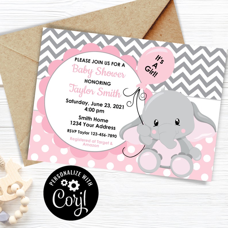 Editable Elephant Baby Shower Party Invitations, Elephant Baby Shower, It's A Girl Shower Invitations, Elephant Invitations, Digital File image 1