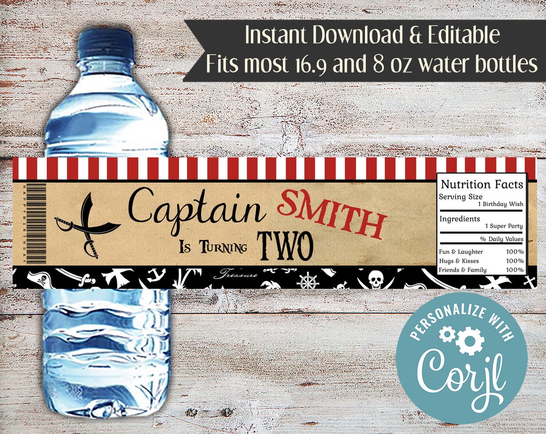 Editable Pirate Water Bottle Label, Pirate Water Bottle Wrapper, Water