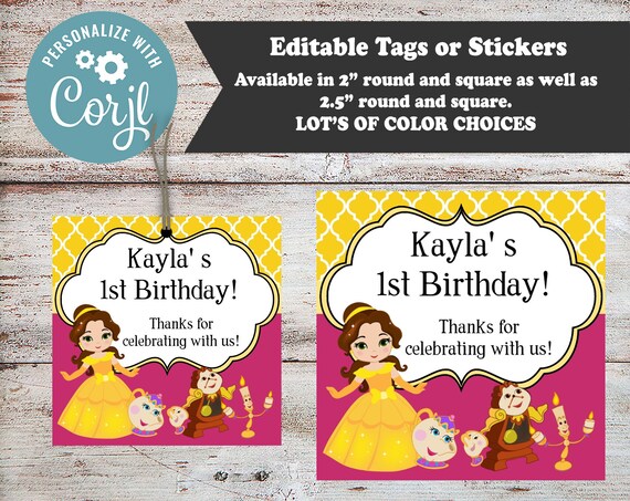 BELLE BEAUTY & THE BEAST BIRTHDAY ROUND PARTY STICKERS FAVORS ~VARIOUS SIZES 