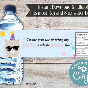 Editable Llama Party Water Bottle Wrapper (Digital File)