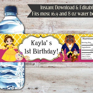May include: A printable water bottle label featuring Belle and the Beast from Disney's Beauty and the Beast. The label is yellow, pink, and white with a barcode and the text "Kayla's 1st Birthday!" and "Nutrition Facts".