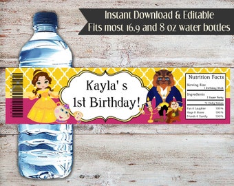 Envoltorios editables para botellas de agua de La Bella y la Bestia (Descarga digital)