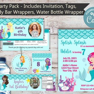 May include: A printable party pack with a mermaid theme. The pack includes a birthday invitation, candy bar wrappers, water bottle wrappers, and tags. The invitation features a mermaid with pink hair and a turquoise tail, and the text "Splish Splash it's a mermaid bash! Addie is turning 7." The invitation also includes the date, time, and location of the party. The candy bar wrappers feature a mermaid with blonde hair and a turquoise tail, and the text "Katie's 4th Birthday" and "Kayla's 3rd Birthday". The water bottle wrappers feature a mermaid with brown hair and a turquoise tail, and the text "Happy 8th Birthday Madscel". The tags feature a mermaid with purple hair and a turquoise tail, and the text "Jasmine's 8".