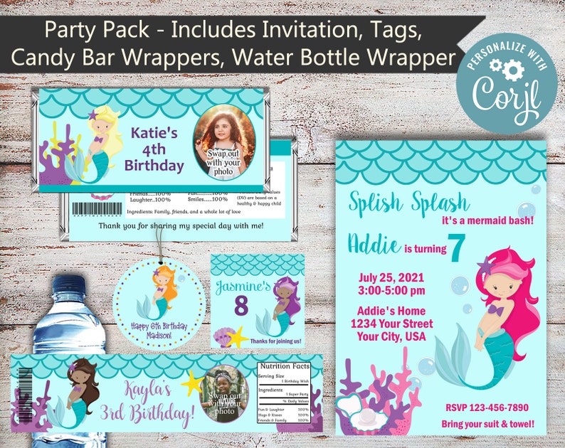 May include: A printable party pack with a mermaid theme. The pack includes a birthday invitation, candy bar wrappers, water bottle wrappers, and tags. The invitation features a mermaid with pink hair and a turquoise tail, and the text "Splish Splash it's a mermaid bash! Addie is turning 7." The invitation also includes the date, time, and location of the party. The candy bar wrappers feature a mermaid with blonde hair and a turquoise tail, and the text "Katie's 4th Birthday" and "Kayla's 3rd Birthday". The water bottle wrappers feature a mermaid with brown hair and a turquoise tail, and the text "Happy 8th Birthday Madscel". The tags feature a mermaid with purple hair and a turquoise tail, and the text "Jasmine's 8".