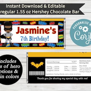May include: Printable 1.55 oz Hershey chocolate bar wrapper featuring a superhero theme. The wrapper is black with colorful comic book speech bubbles and a superhero character. The text "Jasmine's 7th Birthday!" is in red and blue. The wrapper includes a nutrition facts label and a personalize with Corjl logo.