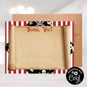May include: A red and white striped thank you card with a pirate theme. The card features a scroll with the words "Thank You!" and a black and white pirate skull and crossbones design.
