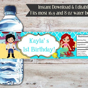 Envoltorios editables de botellas de agua de la Sirenita, fiesta de cumpleaños de la Sirenita, fiesta de cumpleaños de la princesa Ariel, envoltorio de botella de agua, digital