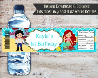 Editable Little Mermaid Water Bottle Wrappers: Ariel Birthday (Digital)