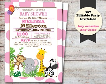 Editable Safari Baby Shower Invitations, Polka Dots, Jungle Baby Shower, Party Invitations, Animals, Baby Shower Invitations, Digital, DIY