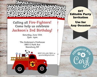 Editable Fire Truck Birthday Party Invitations, Dalmation Party, Fireman Birthday, Fire Fighter Party Invitations, Instant Download, Fireman