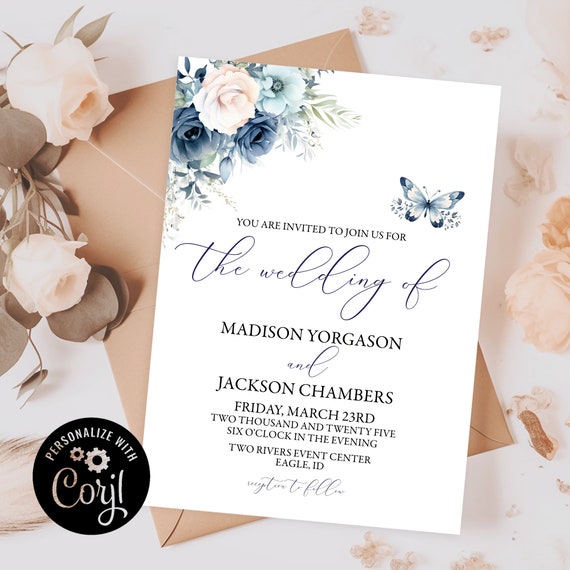 Indigo Watercolor Floral Wedding Invitation: Editable  display picture 1