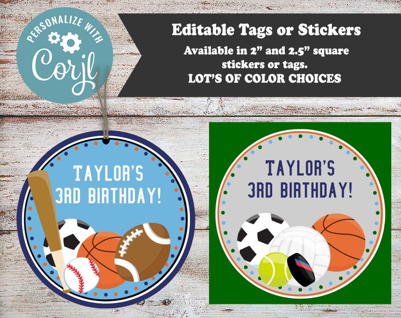 Editable Sports Stickers, Sports Labels, Sports Party Favors, Soccer Favors, Football Favors, Baseball Favors, Basketball Favors, Digital image 1