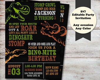 Editable Dinosaur Birthday Party Invitations, Dinosaurs Party, Dinosaur Invitations, Dinosaur, Birthday, Baby Shower, Digital File. Digital