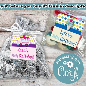 May include: Two favour bags with personalised tags for a birthday party. The bags are filled with sweets. One tag is pink with a cartoon ice cream van and the text "Kara's 9th Birthday!" The other tag is blue with a cartoon ice cream cone and the text "Tyler's 4th Birthday!"