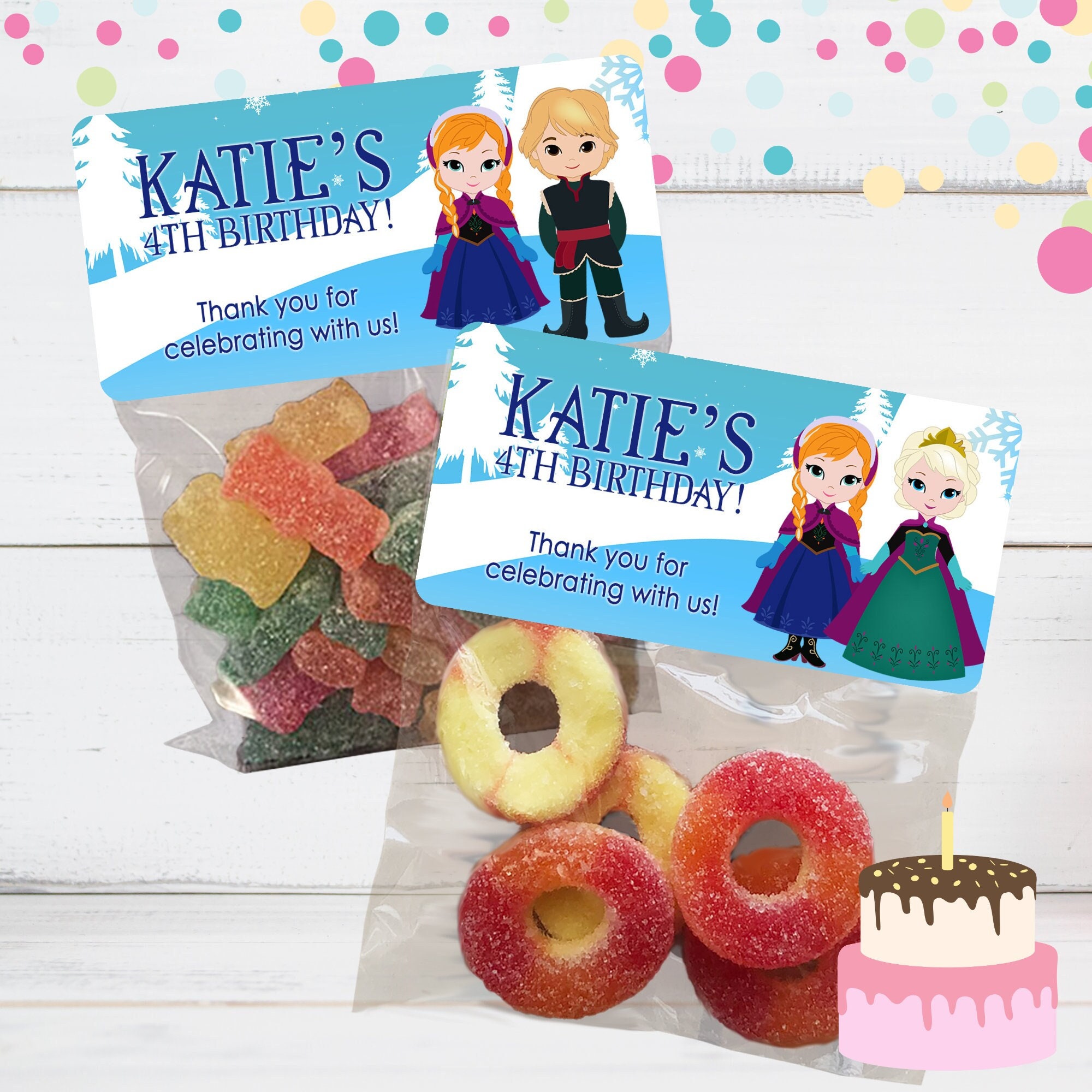 thumbnail image 2 of Personalised Frozen Party Bag Stickers – 45mm Round Sweet Bag Seals, Custom Name, Blue 2 of 6