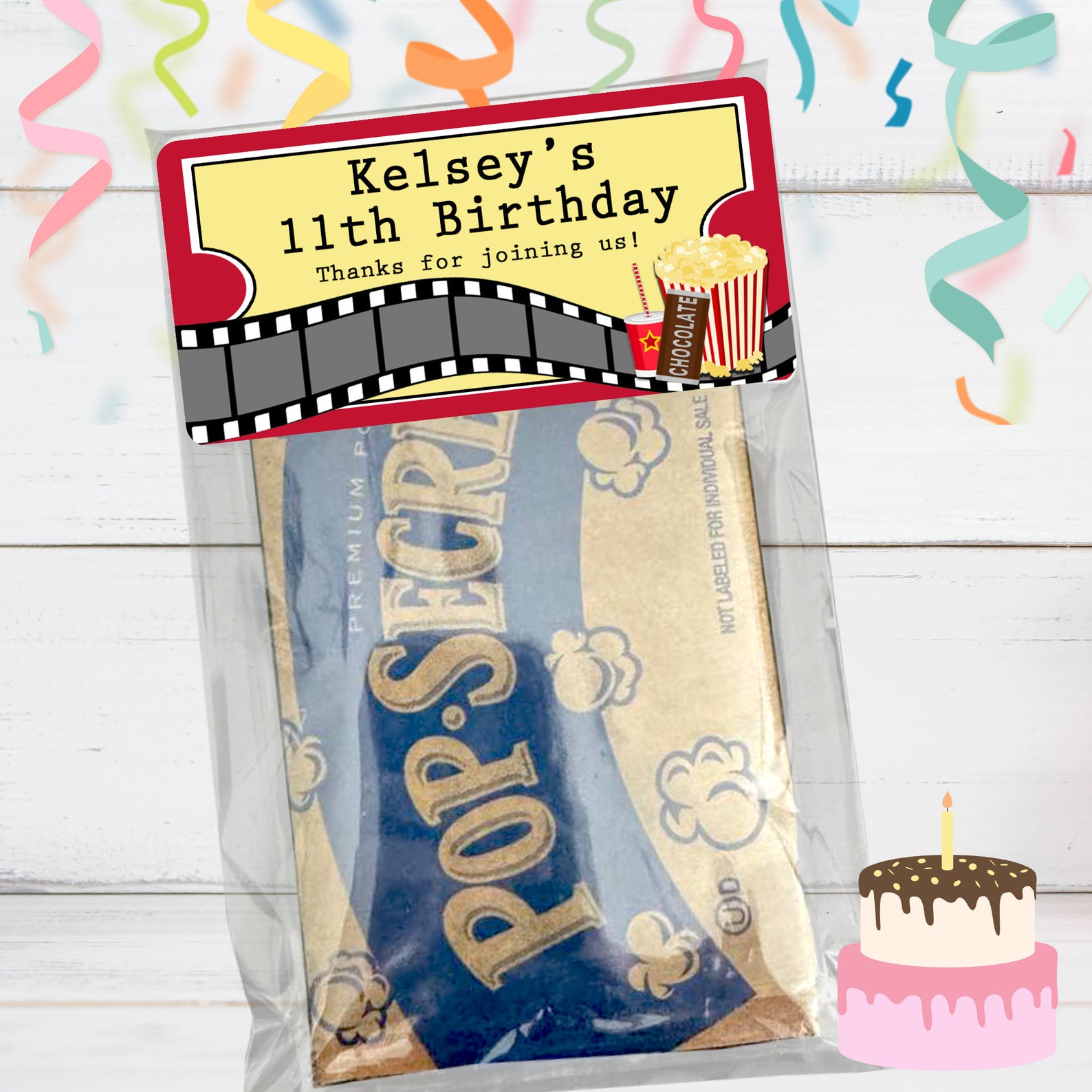 Personalized Movie Theater Birthday Party Favor Stickers with Bags