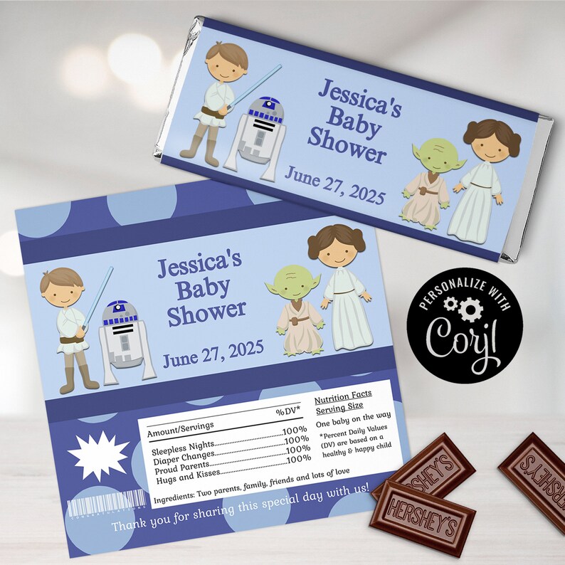 May include: A blue and white baby shower invitation with a Star Wars theme. The invitation features characters from Star Wars, including Luke Skywalker, R2-D2, Yoda, and Princess Leia. The text on the invitation reads "Jessica's Baby Shower" and "June 27, 2025".