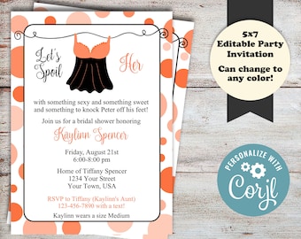 Lingerie Bridal Shower Invitation, Wedding Shower Party Invitations, Bachlorette Invitations, Instant Downloand, Create In Any Color, DIY
