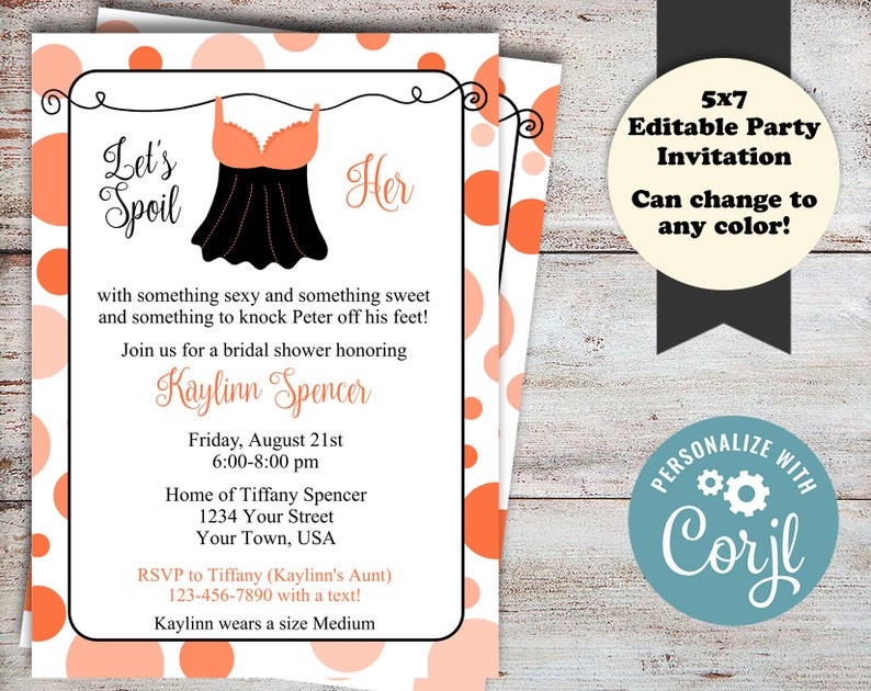 Editable Lingerie Bridal Shower Invitation, Any Color (Digital File) image 1