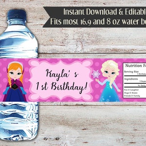 Bearbeitbare Gefrorene Wasserflaschenverpackung, Prinzessin Wasserverpackung, Prinzessin Elsa, Prinzessin Anna, Prinzessin, Wasserverpackung, Gefrorene Partygeschenke