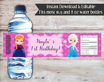 Editable Frozen Birthday Water Bottle Wrapper (Digital Download)