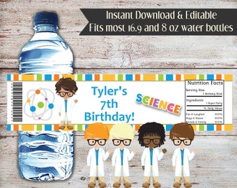 Editable Scientist Water Labels, Science Party, Scientist Party, Science Water Wrappers, Scientist, Science Party Favors, Experiment Party