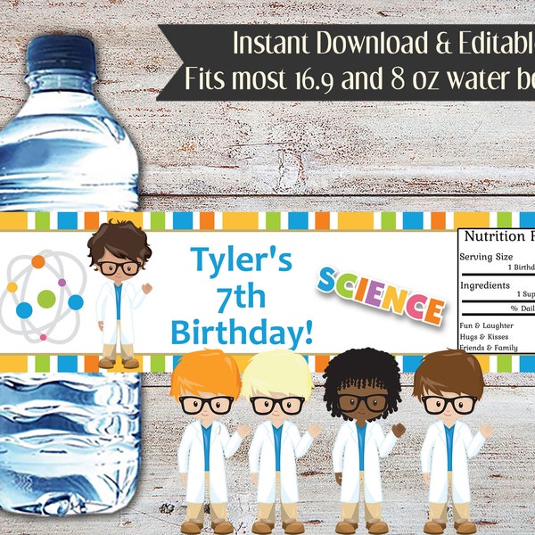 Editable Scientist Water Labels, Science Party, Scientist Party, Science Water Wrappers, Scientist, Science Party Favors, Experiment Party