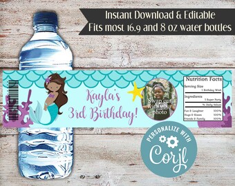 Editable Mermaid Water Botte Wrapper, Mermaid Party, Water Labels, Mermaid, Mermaid Party Favors, Digital File, DIY, Ocean Wrapper, Swimming