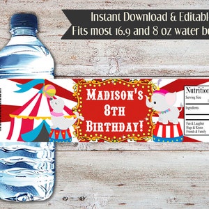 Editable Circus Water Bottle Wrapper, Carnival Water Bottle Wrapper, Carnival, Circus, Birthday, Baby Shower, Water Bottle Label