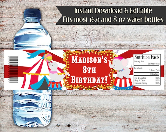 Editable Circus Water Bottle Wrapper, Carnival Water Bottle Wrapper, Carnival, Circus, Birthday, Baby Shower, Water Bottle Label Il_570xn