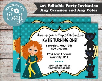 Editable Princess Merida Birthday Party Invitations, Brave Birthday Invitations, Princess Party, Princess Invitations, Digital File, DIY