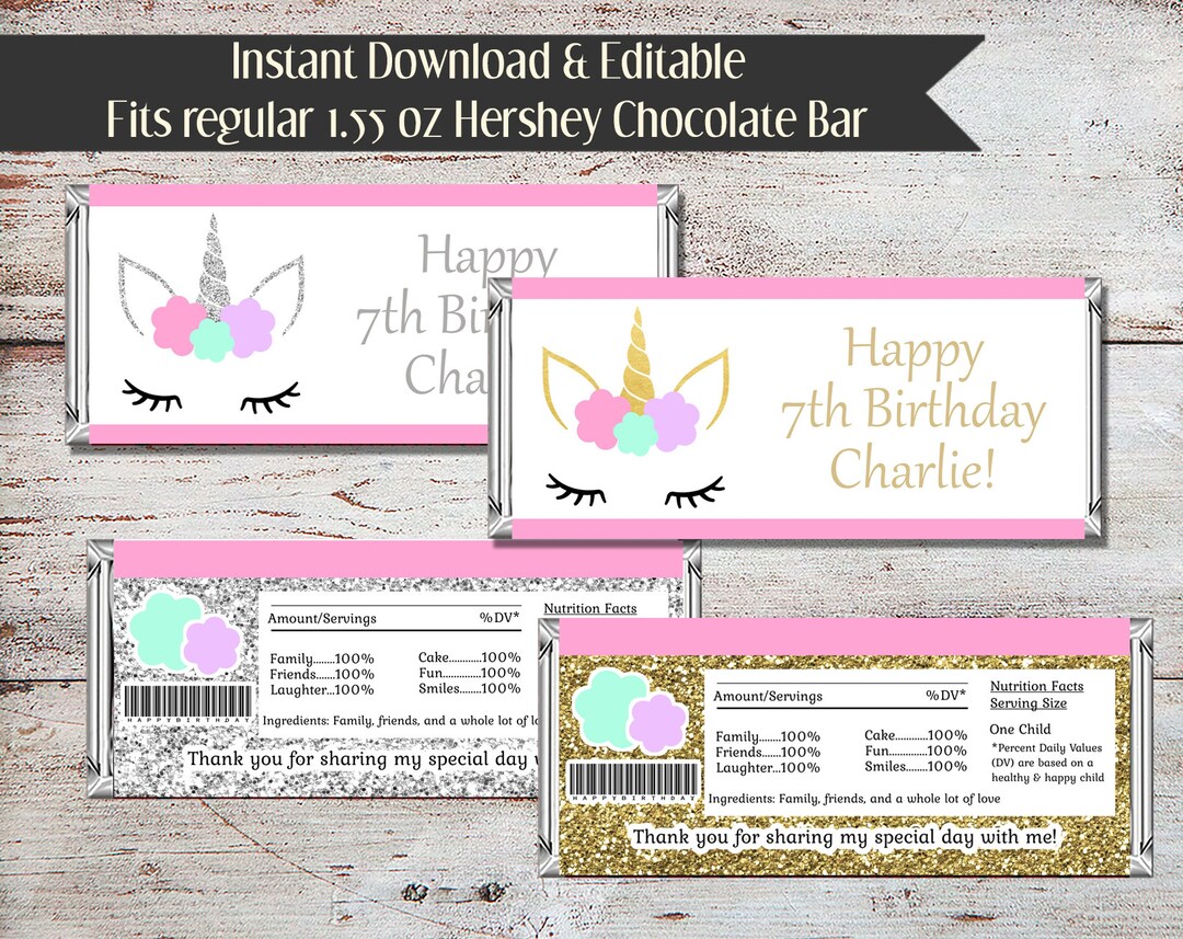 Editable Unicorn Candy Bar Wrapper, Unicorn Chocolate Bar Wrapper ...