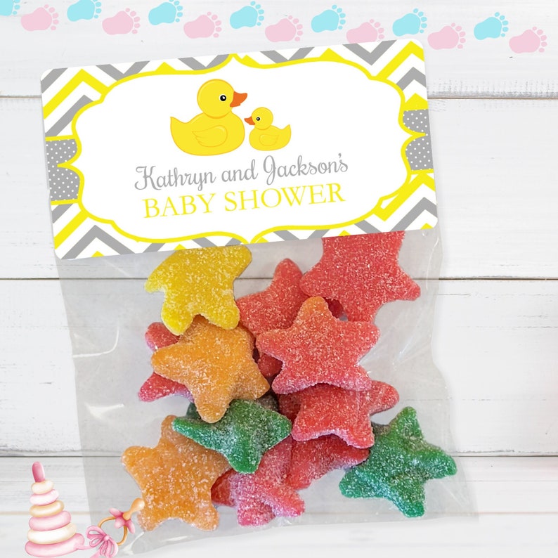 Rubber Duck Baby Shower Treat Bags, Duck Baby Shower Stickers & Bags, Rubber Duck Shower, Baby Shower Treat Bags Stickers, Yellow and Grey Grey