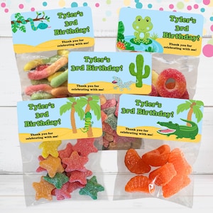 May include: Four favor bags with colorful candy and personalized labels for a 3rd birthday party. The labels feature a jungle theme with a snake, frog, lizard, and alligator. The text on the labels reads "Tyler's 3rd Birthday! Thank you for celebrating with me!"