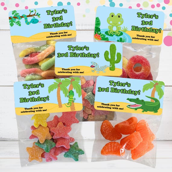 Reptile Birthday Party Favors: Stickers & Clear Bags