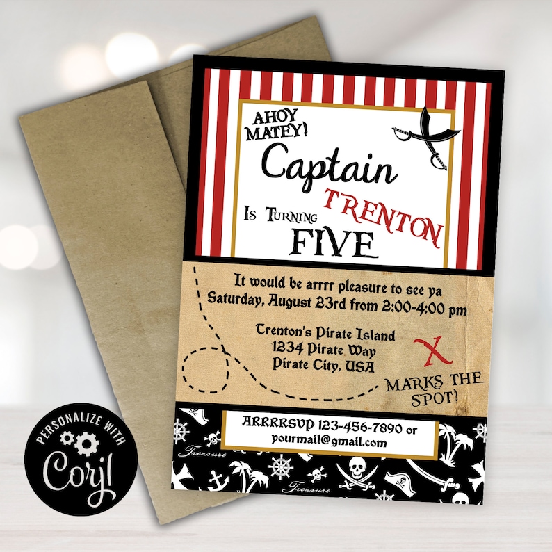 May include: Ahoy Matey!  A red and black pirate-themed birthday invitation for a boy turning five. The invitation features a treasure map design with a pirate ship, skull and crossbones, and the text "Captain Trenton is turning five".