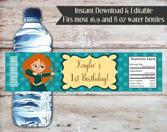 Editable Brave Birthday Water Bottle Label, Merida Water Bottle Labels, Princess Water Bottle Labels, Party Favor, Brave Princess, Digital