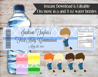 Editable First Communion Water Wrappers, Communion Labels, Water Bottle Wrappers, Water Bottle Label, First Communion, Lots of Color Choices