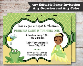 Editable Princess and the Frog Party Invitations, Princess Party Invitations, Princess Tiana, Tiana Party, Princess Party, Digital File