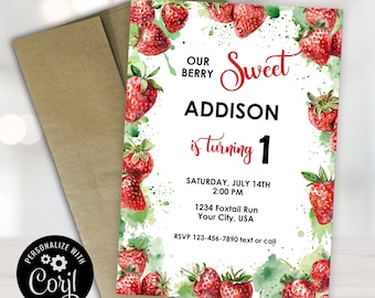 Berry Sweet 1st Birthday Invitation: Strawberry Theme (Digital Download)