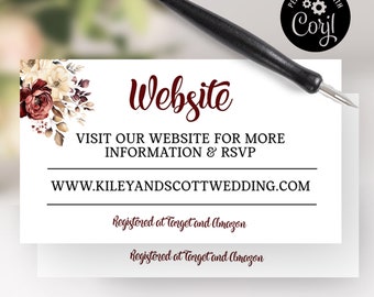 Bourgondische bloemen bruiloft informatiekaarten: boho-websitebijsluiter (digitaal bestand)