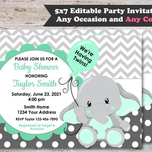 Editable Elephant Baby Shower Party Invitations, Elephant Baby Shower, It's A Girl Shower Invitations, Elephant Invitations, Digital File image 5