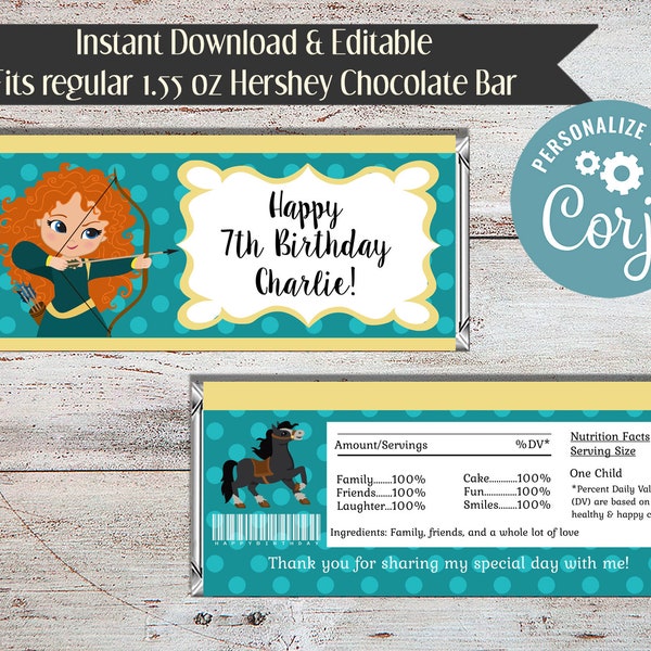 Editable Brave Candy Wrapper, Princess Merida Candy Bar Wrapper, Princess Wrappers, Princess Party, Princess Party Favors, Digital File, DIY