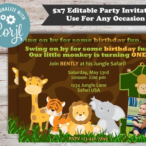 May include: A jungle-themed birthday party invitation with a brown background and a green border. The invitation features a photo of a baby boy in a green shirt, a cartoon monkey holding a number one, and a giraffe, tiger, lion, and elephant. The text on the invitation reads "Swing on by for some birthday fun, Our little monkey is turning ONE!" and includes the party details: "Join BENTLY at his Jungle Safari! Saturday, May 23rd 12noon- 2:00 pm 1234 Jungle Lane Safari USA RSPV 123-456-7890"