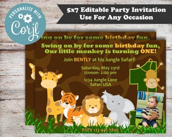 Editable Safari First Birthday Invitations, Animal Party Invitations, 1st Birthday Party, Safari Theme Party, Jungle Birthday, Safari Jungle